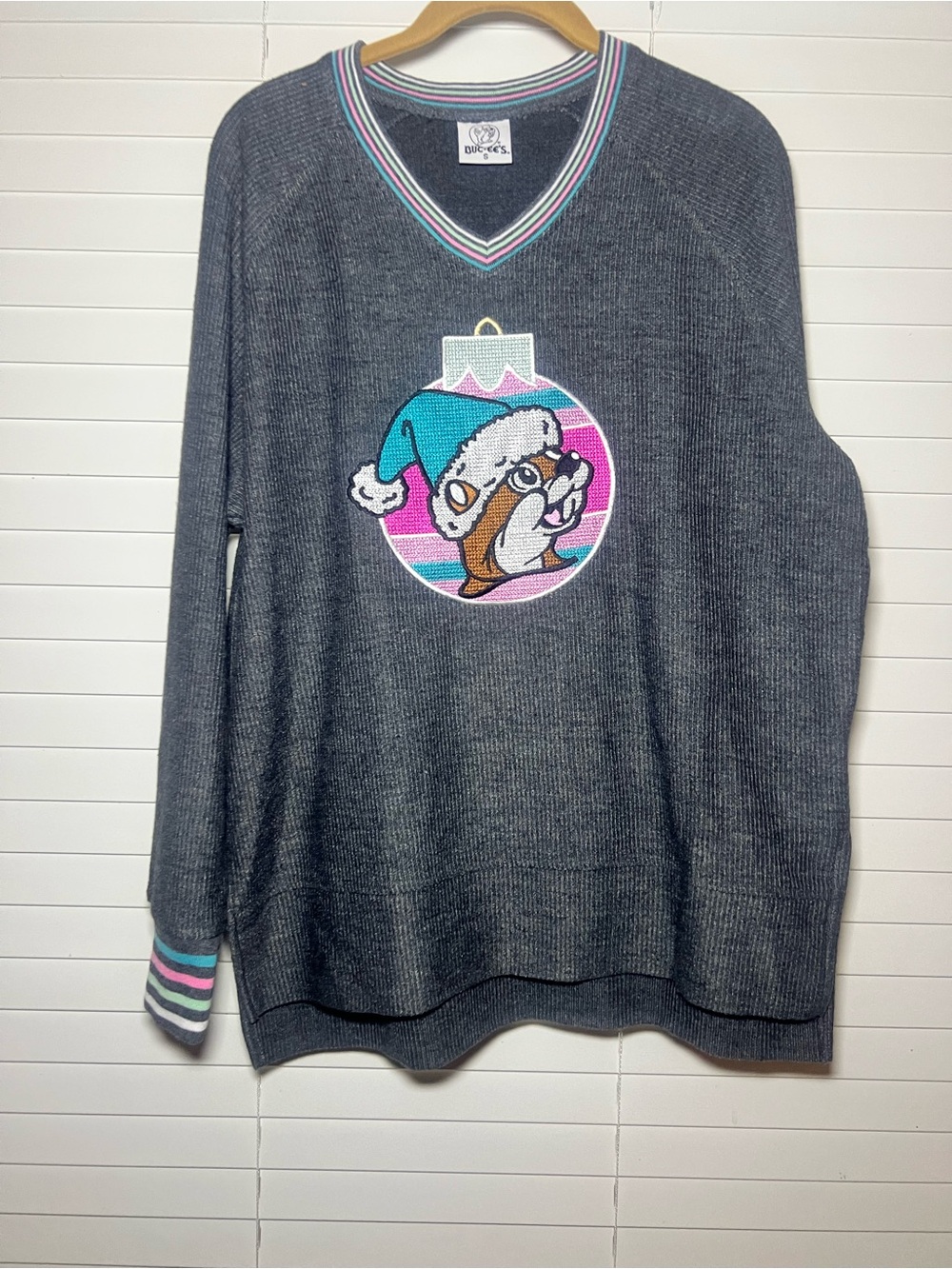 Buc-ces holiday  Graphic V-Neck Sweater - Gray with Pink & Teal Accent oversized